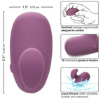 Schéma des dimensions du Mod Touch : 3,75 cm de large et 6,25 cm de haut, avec encarts prise en main, 10 vitesses de vibration et étanchéité.