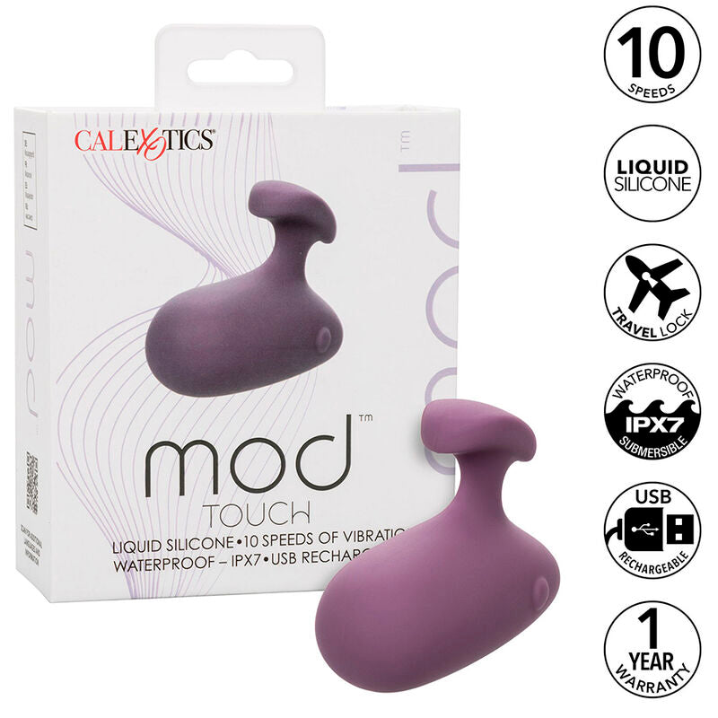 Stimulateur Mod Touch violet posé devant son emballage CalExotics, encart 10 vitesses, silicone liquide, étanche IPX7 et rechargeable USB.
