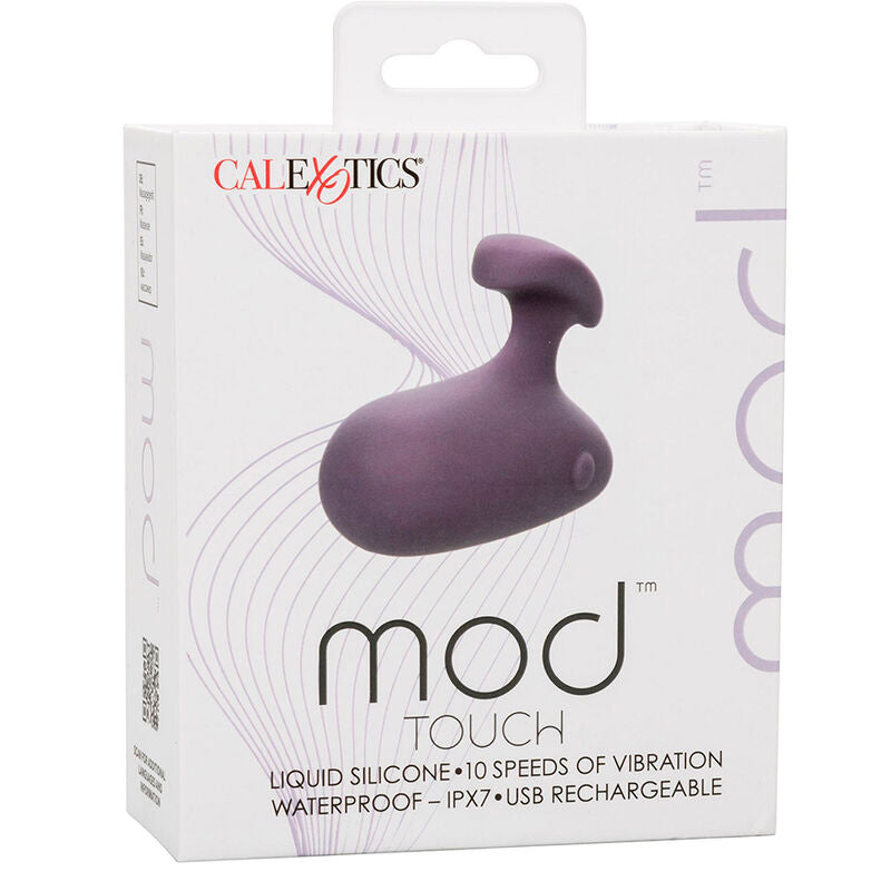Emballage du Mod Touch CalExotics, packaging blanc et violet avec mentions 10 vitesses, silicone liquide, étanche IPX7, rechargeable USB.