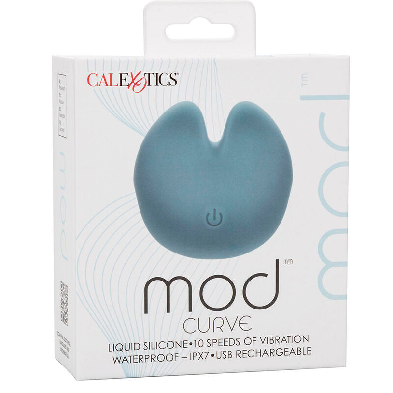 Emballage du Mod Curve CalExotics, packaging blanc et bleu avec mentions 10 vitesses, silicone liquide, étanche IPX7, rechargeable USB.