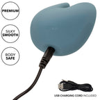 Stimulateur Mod Curve bleu avec câble de charge USB branché à la base, badges Premium, Silky Smooth et Body Safe, logo CalExotics gravé sur le corps.