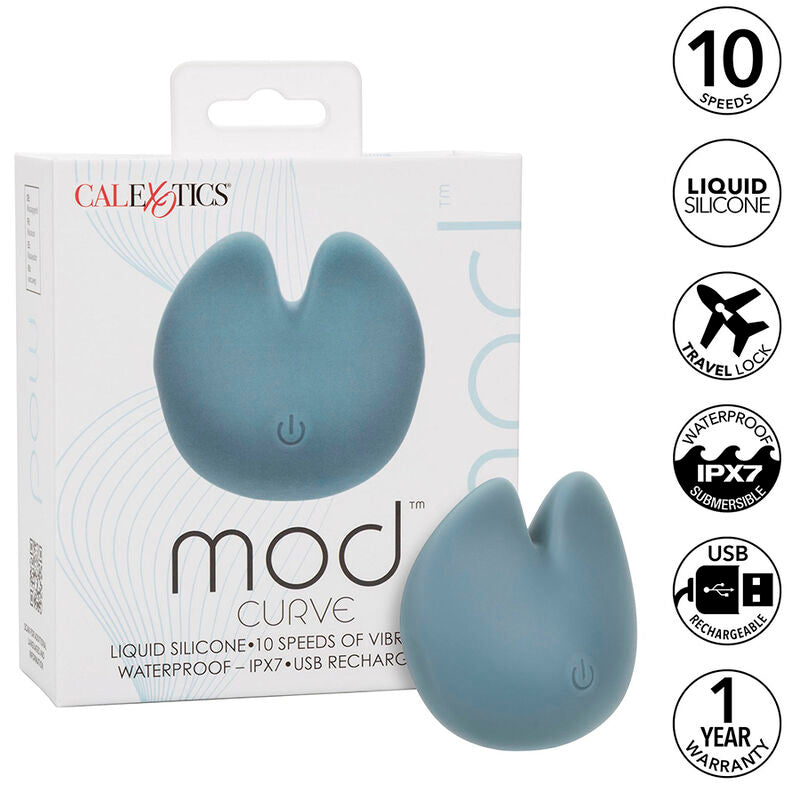 Stimulateur Mod Curve bleu posé devant son emballage CalExotics, encart 10 vitesses, silicone liquide, étanche IPX7 et rechargeable USB.