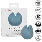 Stimulateur Mod Curve bleu posé devant son emballage CalExotics, encart 10 vitesses, silicone liquide, étanche IPX7 et rechargeable USB.