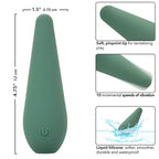 Schéma des dimensions du Mod Chic : 3,75 cm de large et 12 cm de haut, avec encarts pointe fine, 10 vitesses de vibration et étanchéité.