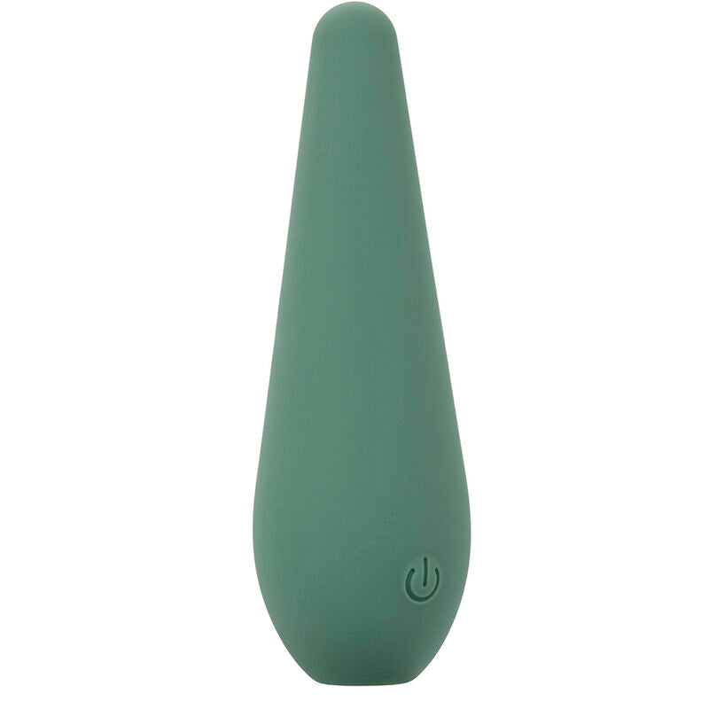 Stimulateur Mod Chic vert vu de face, forme conique verticale avec bouton marche/arrêt à la base.