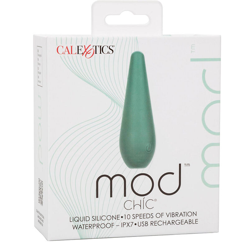 Emballage du Mod Chic CalExotics, packaging blanc et vert avec mentions 10 vitesses, silicone liquide, étanche IPX7, rechargeable USB.