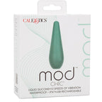 Emballage du Mod Chic CalExotics, packaging blanc et vert avec mentions 10 vitesses, silicone liquide, étanche IPX7, rechargeable USB.