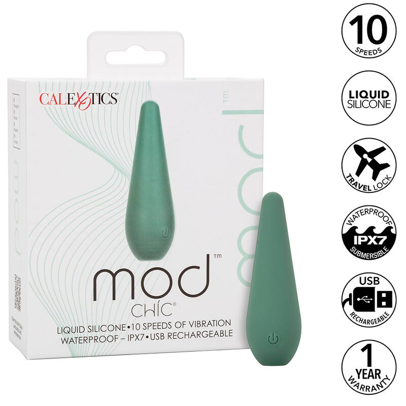 Stimulateur Mod Chic vert posé devant son emballage CalExotics, encart 10 vitesses, silicone liquide, étanche IPX7 et rechargeable USB.