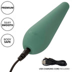 Stimulateur Mod Chic vert avec câble de charge USB branché à la base, badges Premium, Silky Smooth et Body Safe, logo CalExotics gravé sur le corps.
