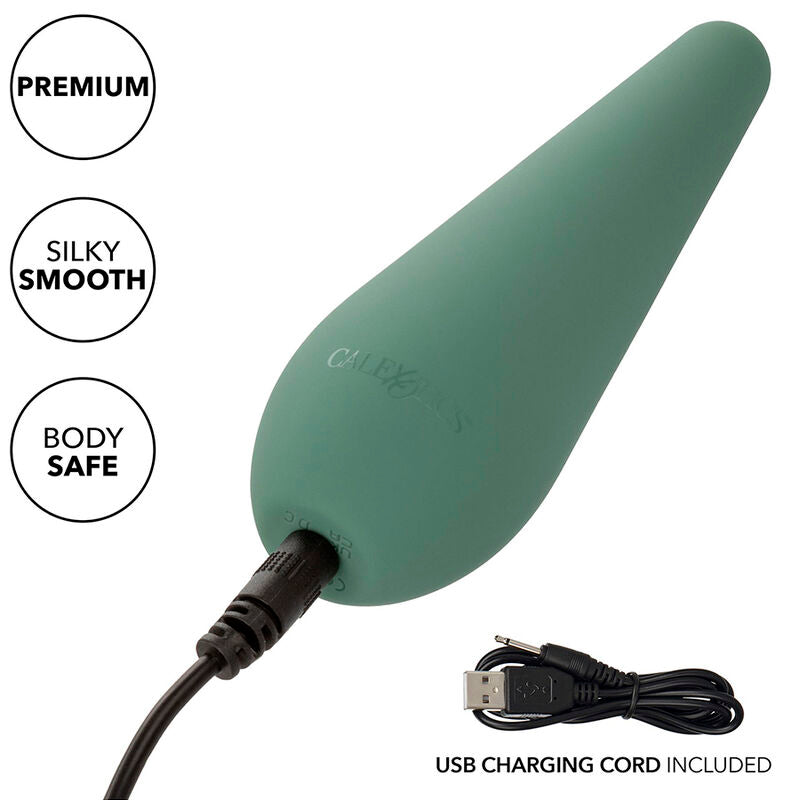 Stimulateur Mod Chic vert avec câble de charge USB branché à la base, badges Premium, Silky Smooth et Body Safe, logo CalExotics gravé sur le corps.