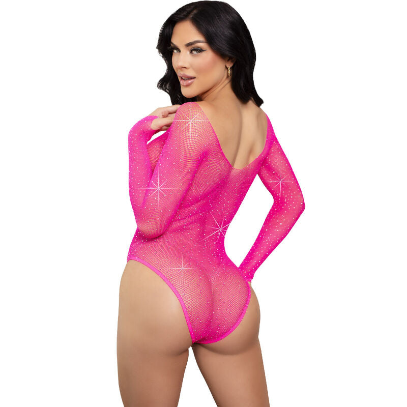 Femme brune de face en body resille rose fluo a strass manches longues, maille filet transparente moulante, eclats scintillants, coloris neon Leg Avenue.