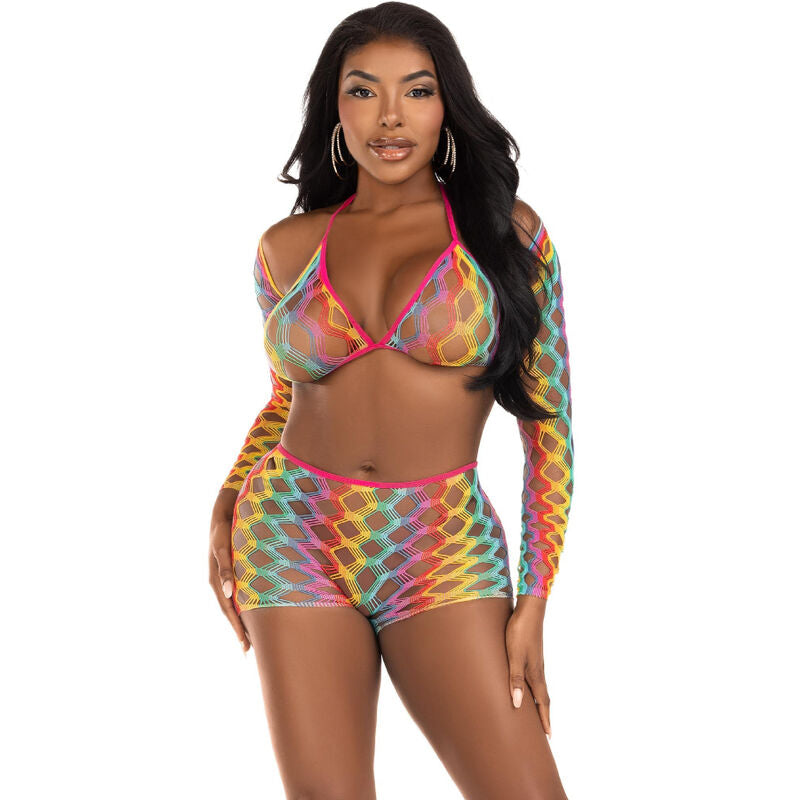 Ensemble resille arc-en-ciel motif ecailles : haut a manches longues et shorty moulant, maille filet coloree sur le corps, taille unique.