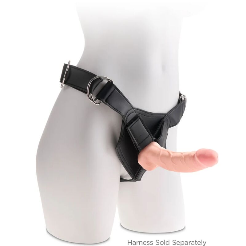 Harnais gode-ceinture noir porte sur un mannequin de bassin, gode realiste chair fixe a l'avant, sangles reglables, mention harnais vendu separement.