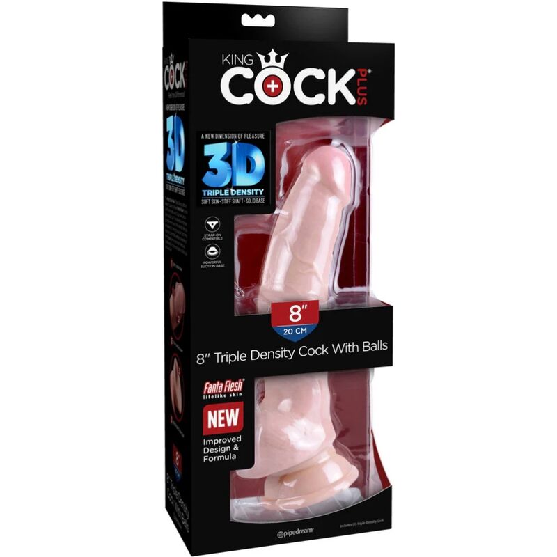 Boite King Cock Plus 3D Triple Density montrant en facade un gode realiste chair avec testicules, mention 8 pouces 20 cm, emballage Pipedream sur fond blanc.