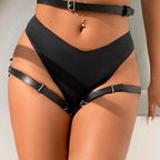 Harnais de taille et de jambes en cuir noir — comparatif dimensionnel