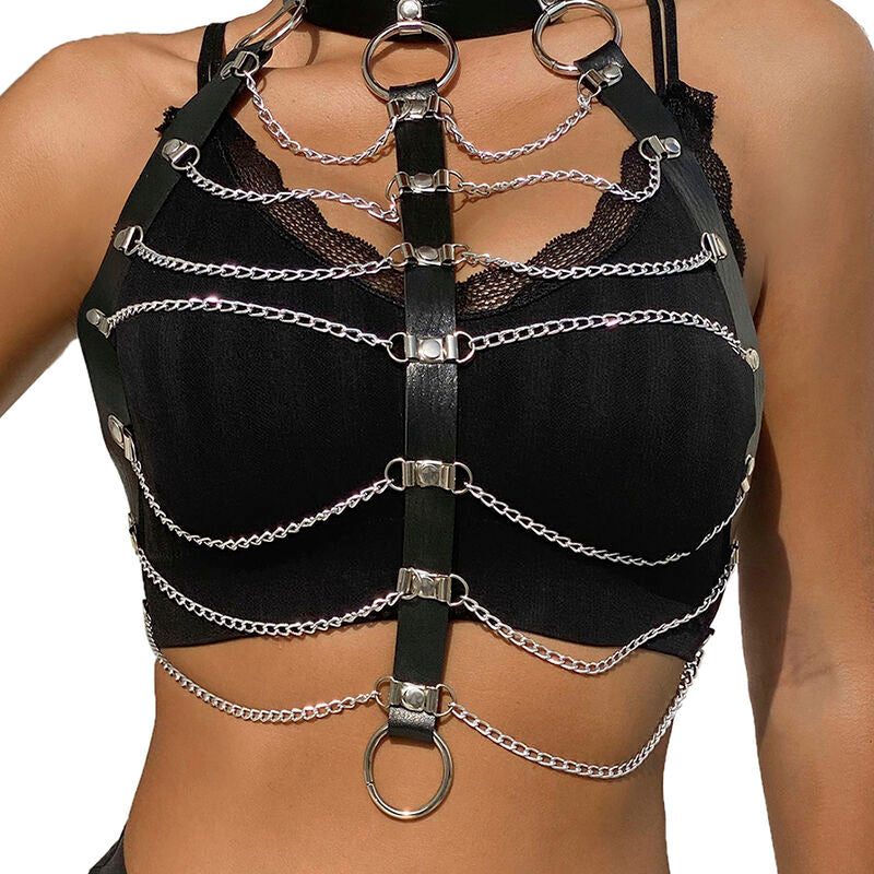 Harnais de poitrine à chaînes en cuir noir — détail produit