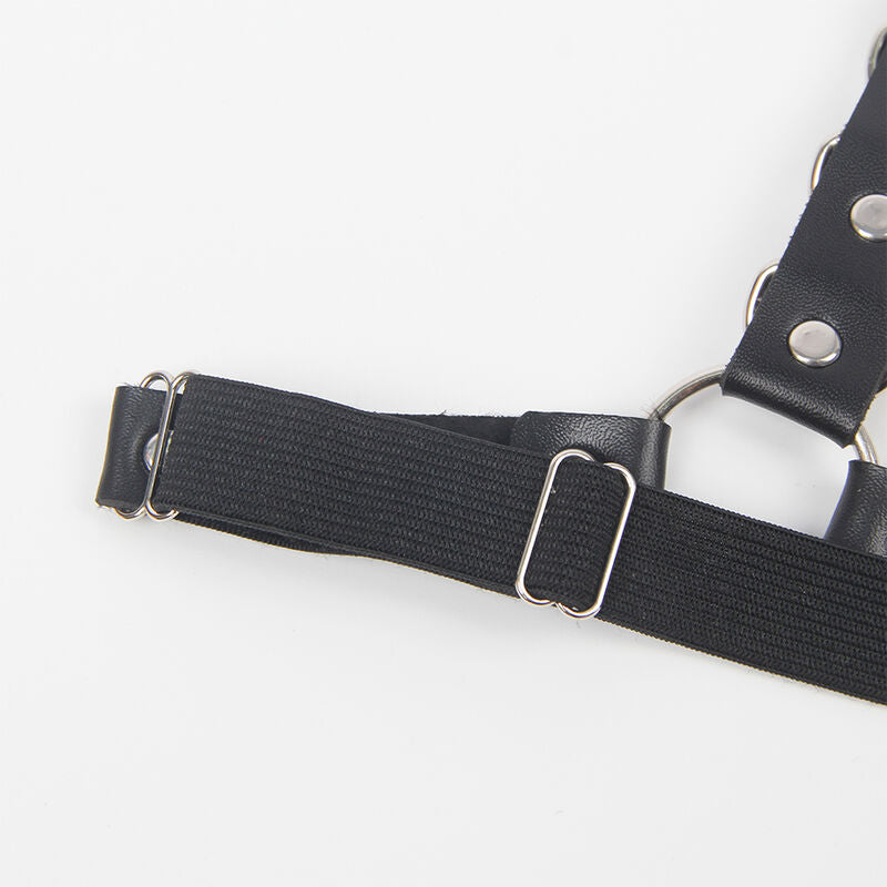 Detail de la sangle elastique noire reglable du harnais ceinture Subblime, boucle metal coulissante et anneau permettant l'ajustement en taille unique, finition soignee.