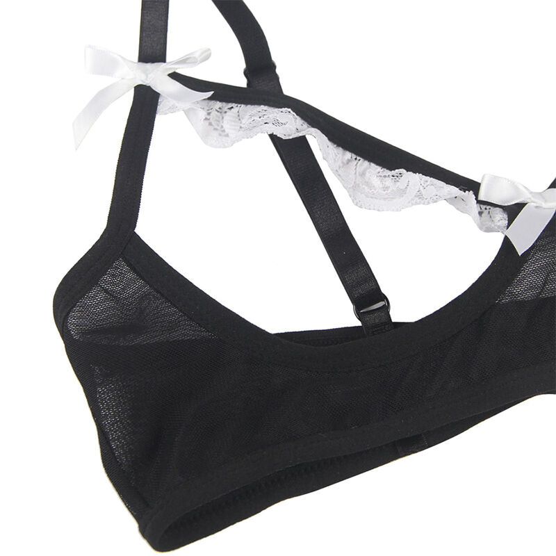 Presentation a plat du soutien-gorge a bonnets ouverts du costume servante Subblime, bretelles fines noires et serre-tete a noeud blanc assorti, jeu de role coquin taille unique.