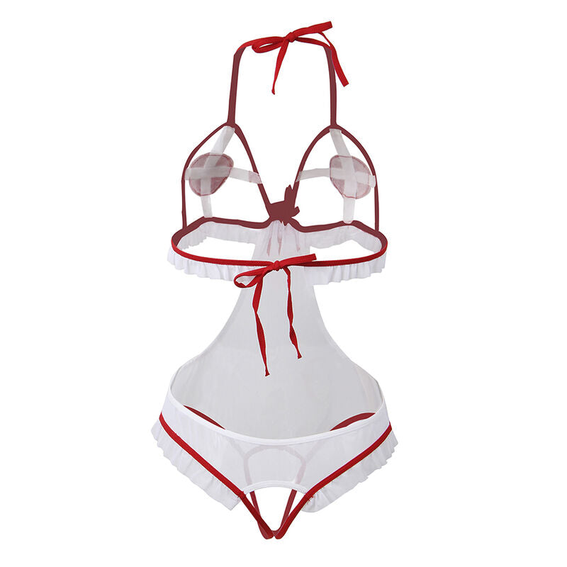 Vue a plat du dos du costume infirmiere transparent Subblime en maille blanche, lacets rouges noues, echancrures et finition lisere rouge, taille unique de jeu de role.