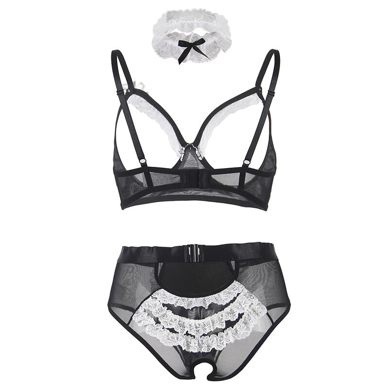 Vue a plat du deguisement servante coquin Subblime, soutien-gorge a bonnets ouverts, culotte tablier dentelle volantee et serre-tete a noeud, contraste noir et blanc soigne.