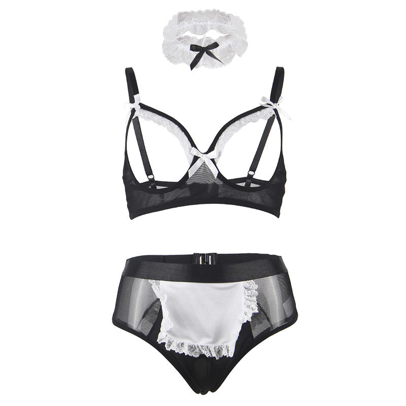 Presentation a plat de l'ensemble servante Subblime, soutien-gorge a bonnets ouverts, culotte mesh a tablier blanc dentelle et serre-tete a noeud, costume de jeu de role coquin.