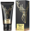 Tube et boîte du gel Maral XXL Gold, packaging noir avec logo cerf doré, 50 ml