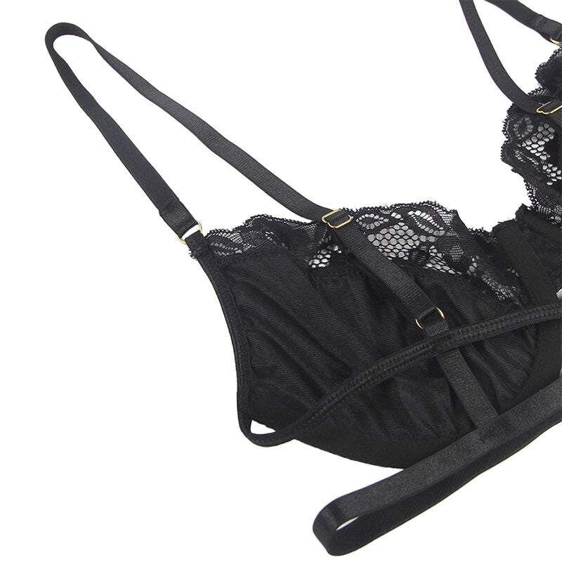 Gros plan du soutien-gorge noir Subblime : bretelles fines reglables, dentelle florale et bonnets satin, vue produit a plat sans corps.
