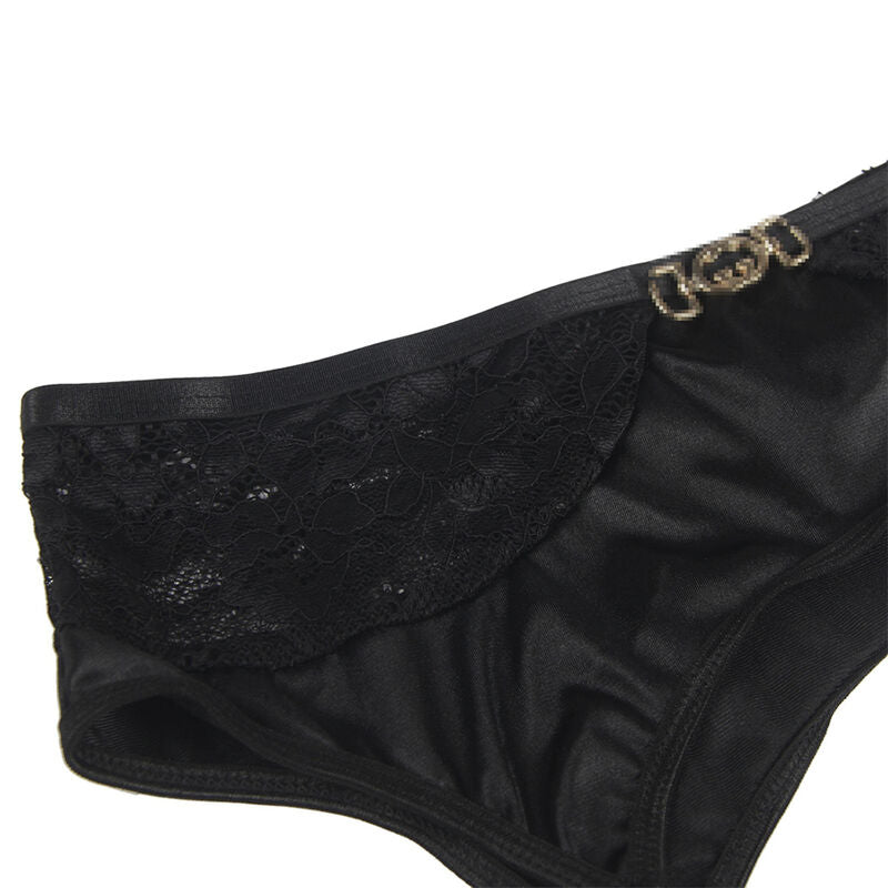 Culotte noire Subblime a plat : satin et empiecement de dentelle florale avec ornement metallique dore, presentation produit sur fond blanc.