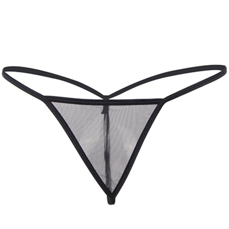 String assorti du babydoll Subblime presente a plat, maille resille noire transparente et fines bretelles, accessoire inclus sur fond blanc.