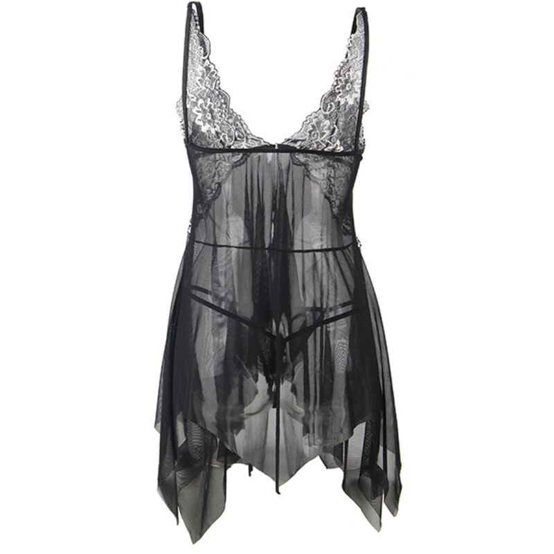 Nuisette babydoll noire Subblime vue arrière, jupe en tulle vaporeux et ourlet pointu, dentelle florale au buste, déshabillé transparent féminin et léger