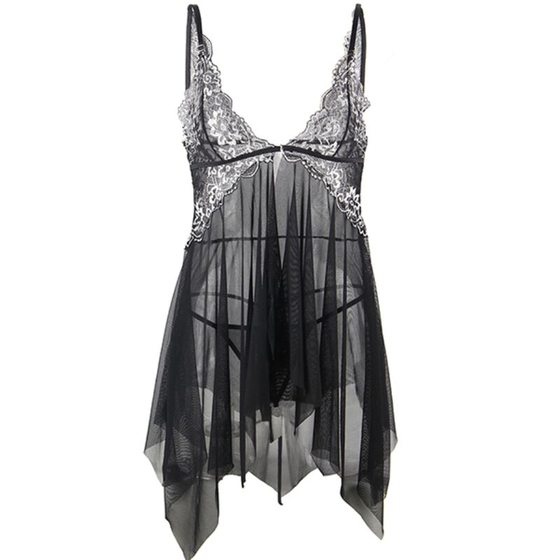 Babydoll noir Subblime en tulle et dentelle, vue de face sur fond blanc, jupe asymétrique à volants et bonnets brodés argentés, nuisette transparente sensuelle