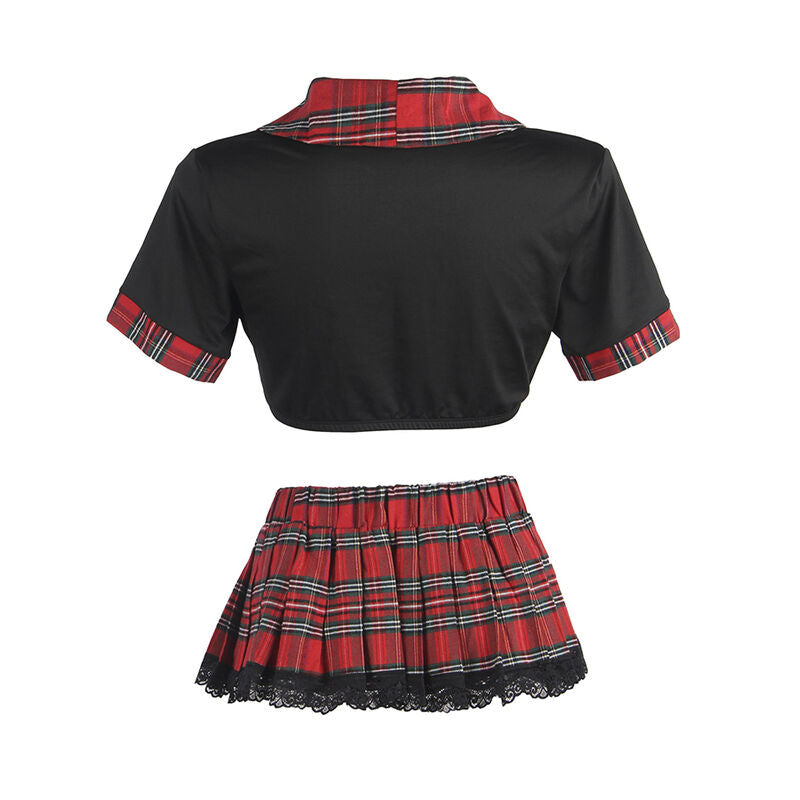Costume écolière sexy Subblime présenté de dos à plat, top court noir et jupe tartan plissée à liseré de dentelle, ensemble déguisement de jeu de rôle