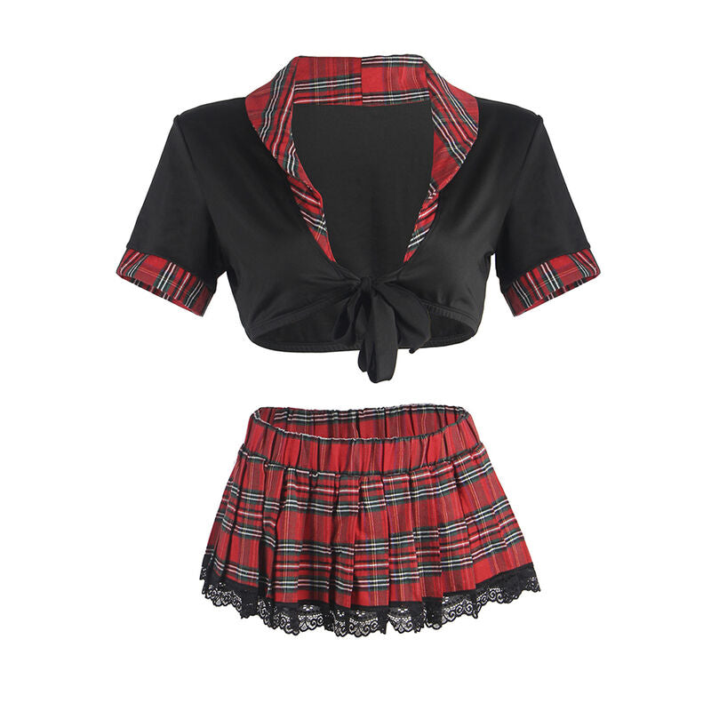 Costume écolière sexy Subblime à plat vue de face, top court noir noué à col tartan et mini-jupe plissée à carreaux rouges, déguisement coquin