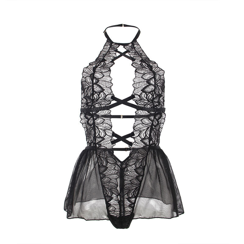 Teddy en dentelle noire Subblime présenté à plat de face, body à laçage central croisé et col montant, jupe en tulle, lingerie sensuelle transparente