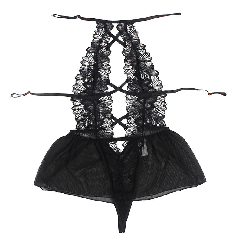 Teddy en dentelle noire Subblime présenté à plat de dos, body à laçage croisé et fines lanières, jupe tulle voile, lingerie transparente féminine