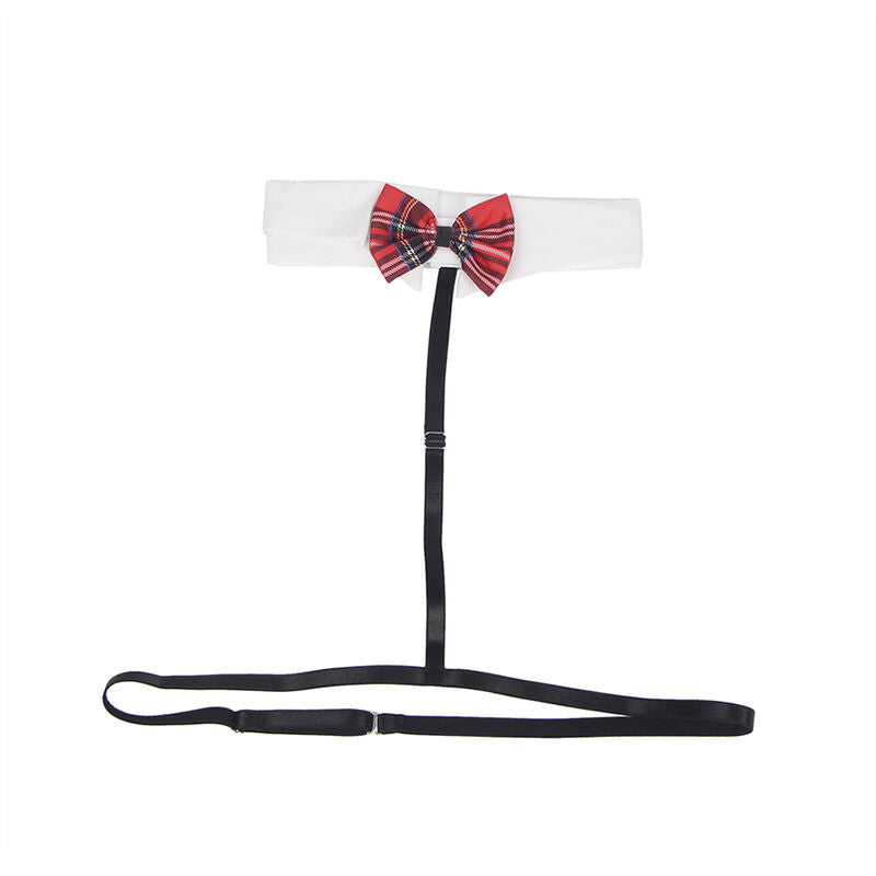 Col à noeud tartan et sangle harnais noire de l'ensemble écolière Subblime présentés seuls sur fond blanc, accessoires coordonnés de la tenue coquine