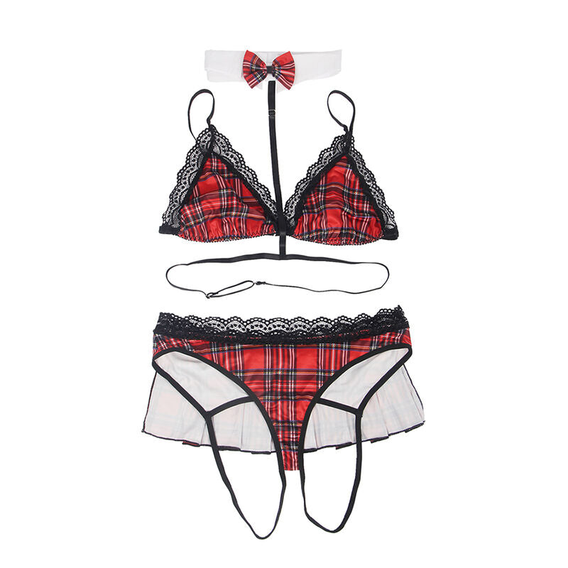 Ensemble écolière sexy Subblime à plat, soutien-gorge tartan bordé de dentelle, culotte assortie à volant et col noeud à carreaux, lingerie de jeu de rôle