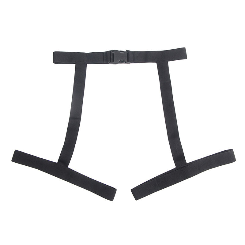 Paire de jarretières de cuisse noires à boucles réglables incluses avec le costume écolière MATH Subblime, accessoires présentés à plat formant deux anneaux sur fond blanc lumineux.
