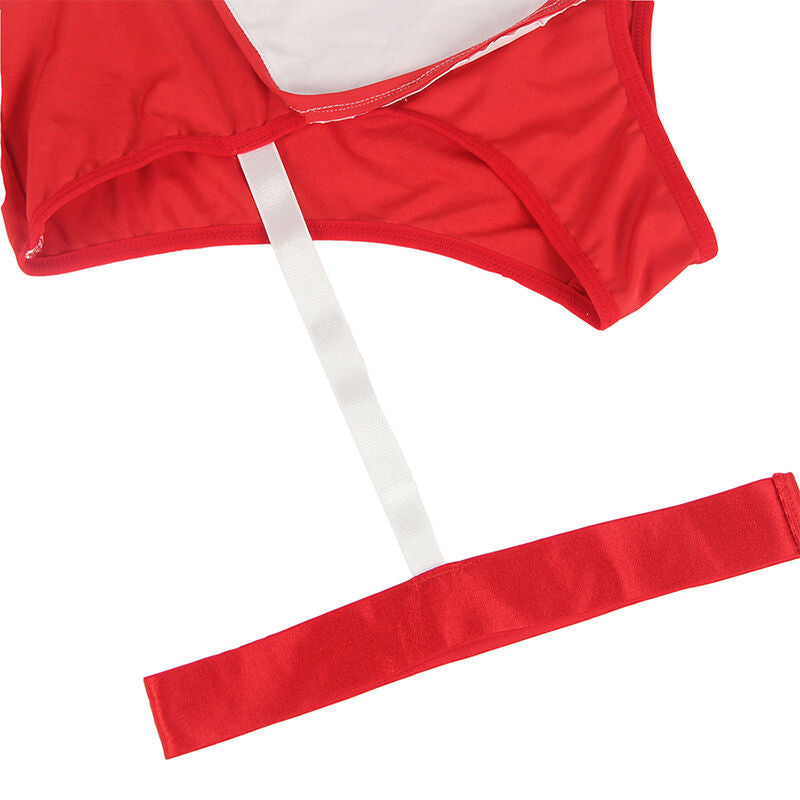 Culotte rouge et blanche et sangle jarretière du costume d'infirmière Subblime présentées à plat sur fond blanc, accessoires inclus pour compléter ce jeu de rôle coquin et glamour.