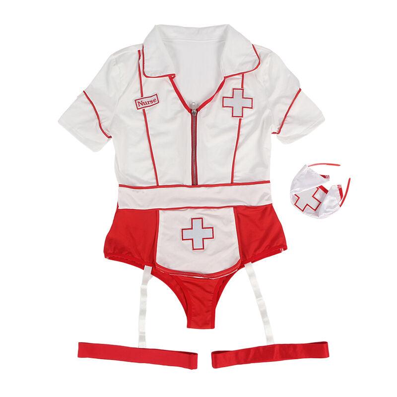 Costume infirmiere Subblime presente a plat, body rouge et blanc a croix medicale, coiffe et jarretiere assorties, ensemble cosplay coquin en maille extensible.