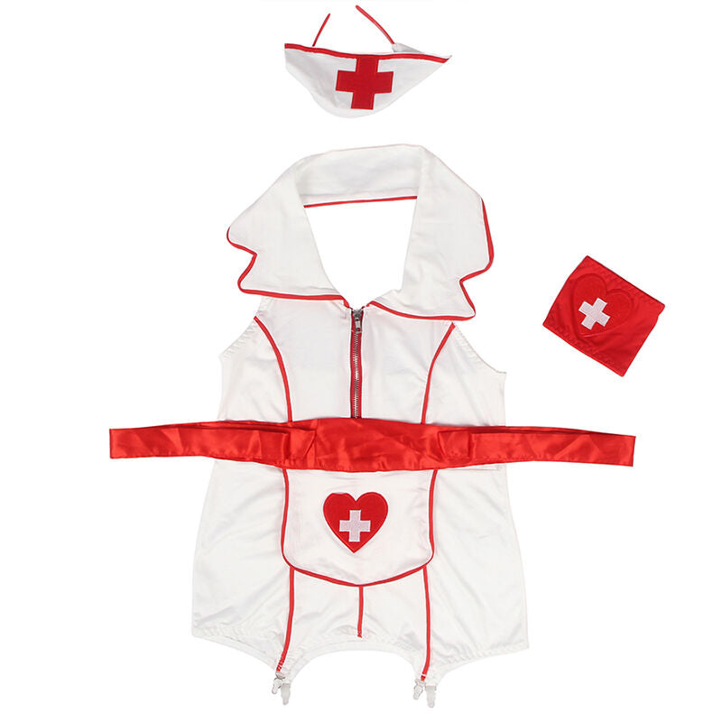 Costume d'infirmière sexy Subblime à plat, robe blanche zippée à liserés rouges et coeur croix, ceinture satinée, coiffe et brassard assortis présentés.