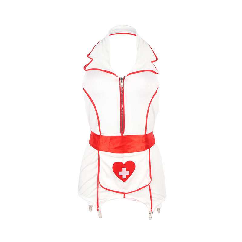 Robe du costume d'infirmière Subblime posée à plat, tenue blanche zippée à liserés rouges, col cranté et coeur croix rouge, attaches jarretelles visibles.