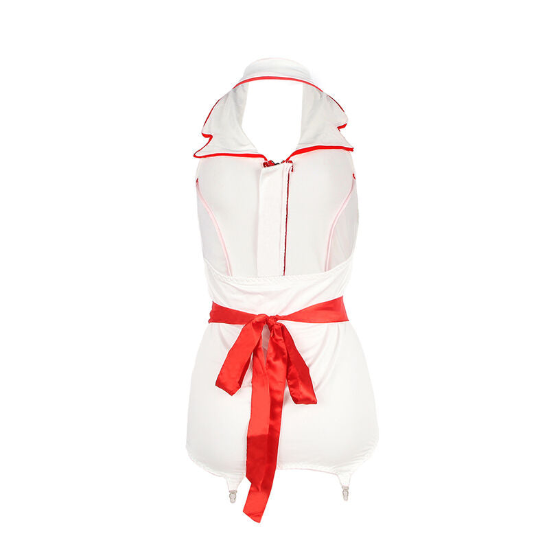 Dos de la robe du costume d'infirmière Subblime à plat, tenue blanche à liserés rouges et noeud satiné, attaches porte-jarretelles, sans produit porté.