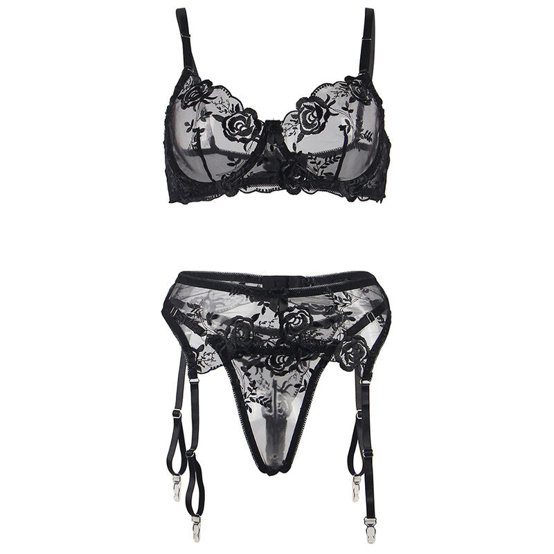 Parure lingerie noire Subblime a plat : soutien-gorge dentelle florale et porte-jarretelles a brides reglables, presentation produit sans mannequin.