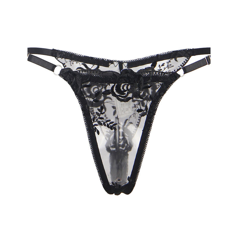 String noir Subblime en dentelle transparente a motif roses presente a plat, vue produit detaillee sur fond blanc, sans mannequin.