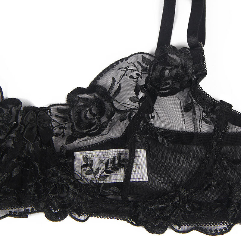 Detail du soutien-gorge noir Subblime : bonnets en dentelle transparente a roses, armatures et etiquette, vue produit rapprochee sans corps.