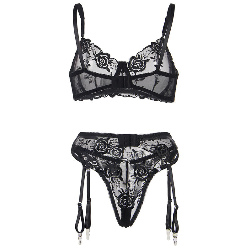 Ensemble lingerie noir Subblime a plat : soutien-gorge dentelle florale et porte-jarretelles assorti a brides, presentation produit sur fond blanc.