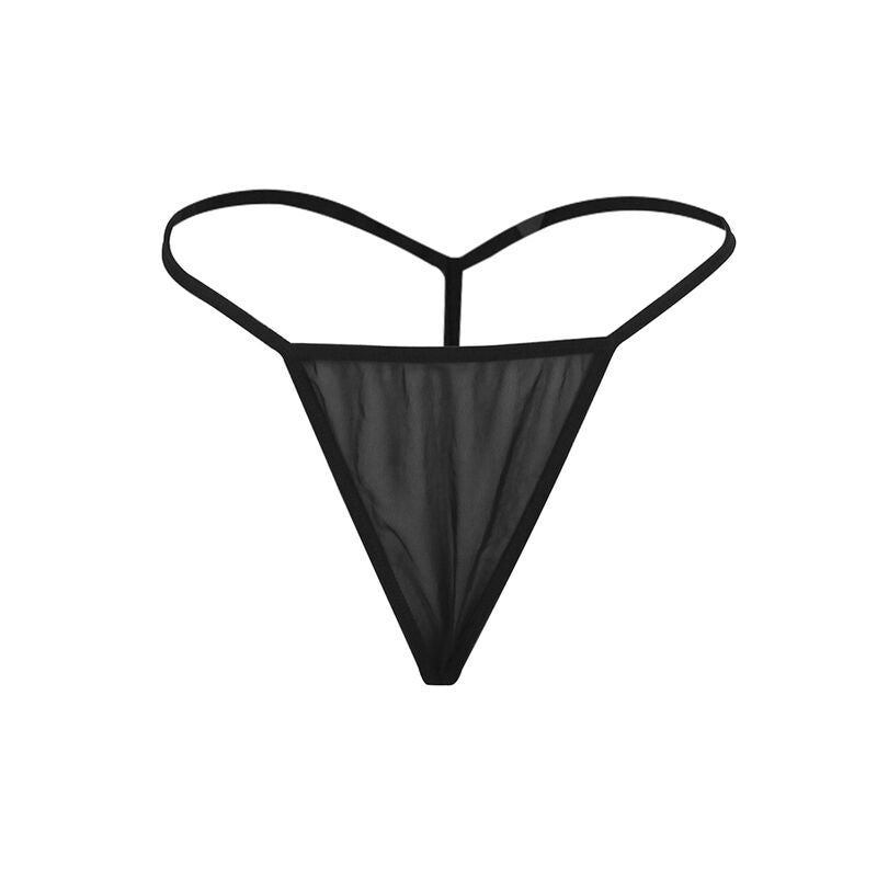 String noir assorti du babydoll Subblime posé à plat sur fond blanc, voile fin transparent et bretelles en coeur, accessoire inclus de l'ensemble.