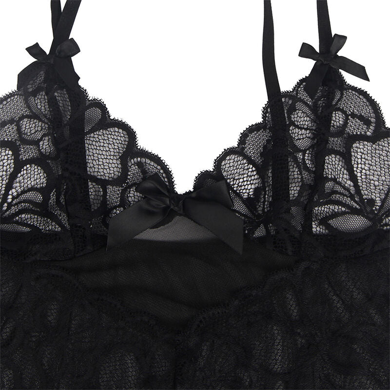 Gros plan sur les bonnets en dentelle et les noeuds decoratifs du babydoll noir Subblime, bretelles fines et insert transparent, vue produit rapprochee.