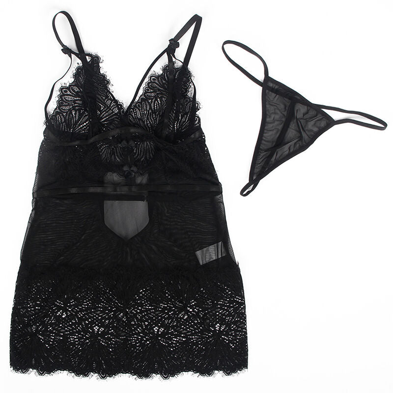 Nuisette noire Subblime presentee a plat avec string assorti, bustier triangle en dentelle, insert mesh transparent et volant festonne, sans modele.